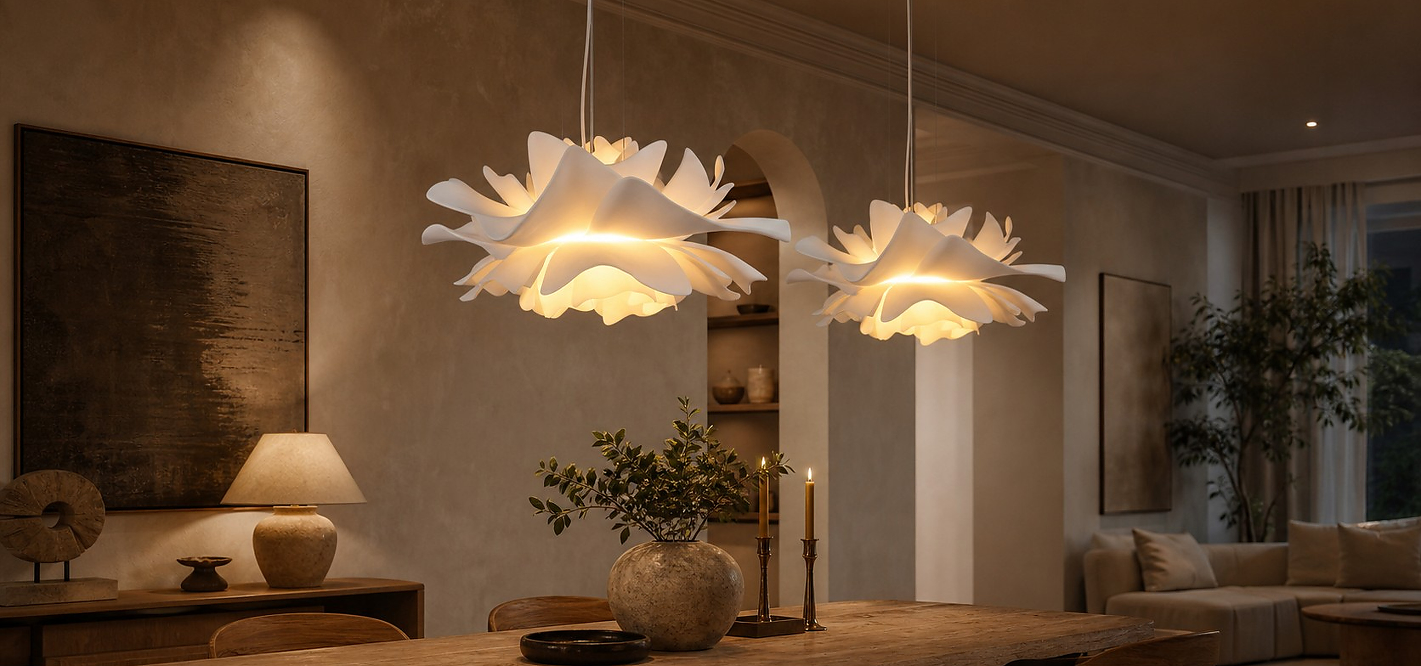Bright pendant lights in a warm home interior