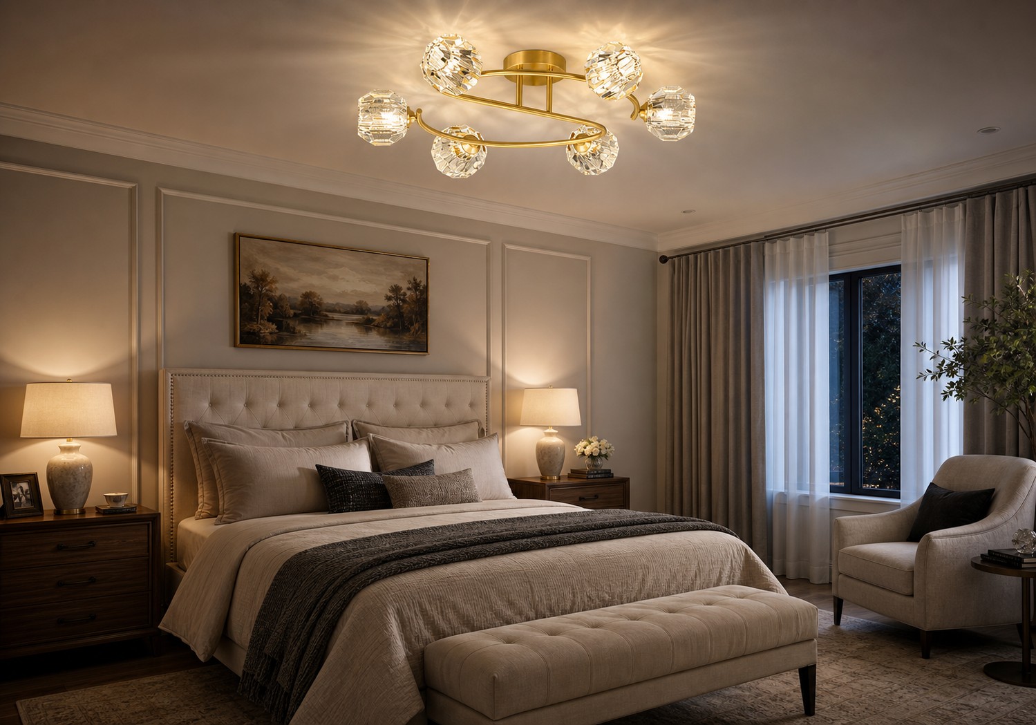 Chandelier and floor lamp in a warm living room