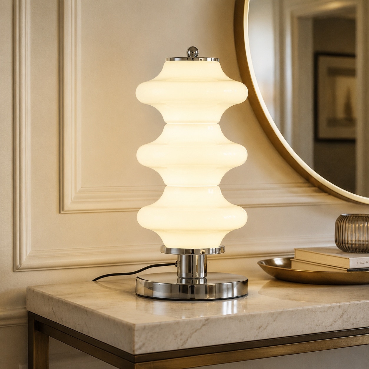 White opal glass table lamp on a marble console