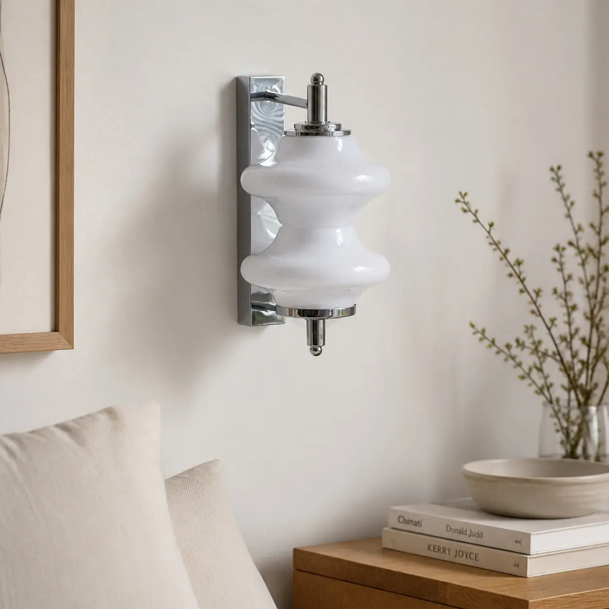 White glass wall light in a calm living room