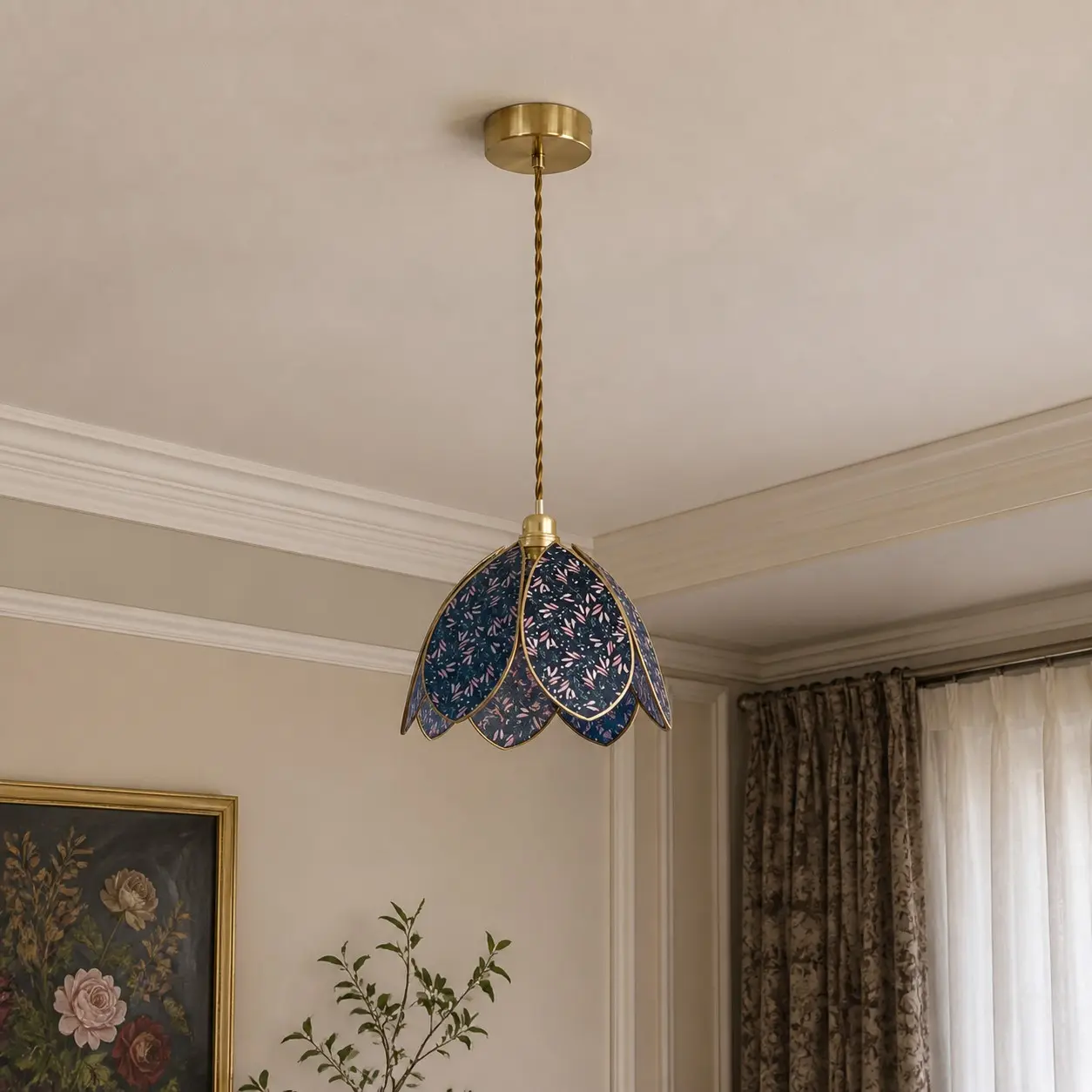 Blue floral petal pendant light in a neutral interior