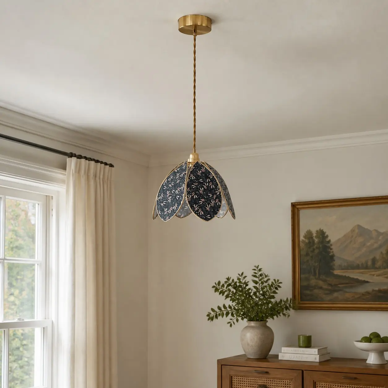 Blue floral petal pendant light in a bright traditional room