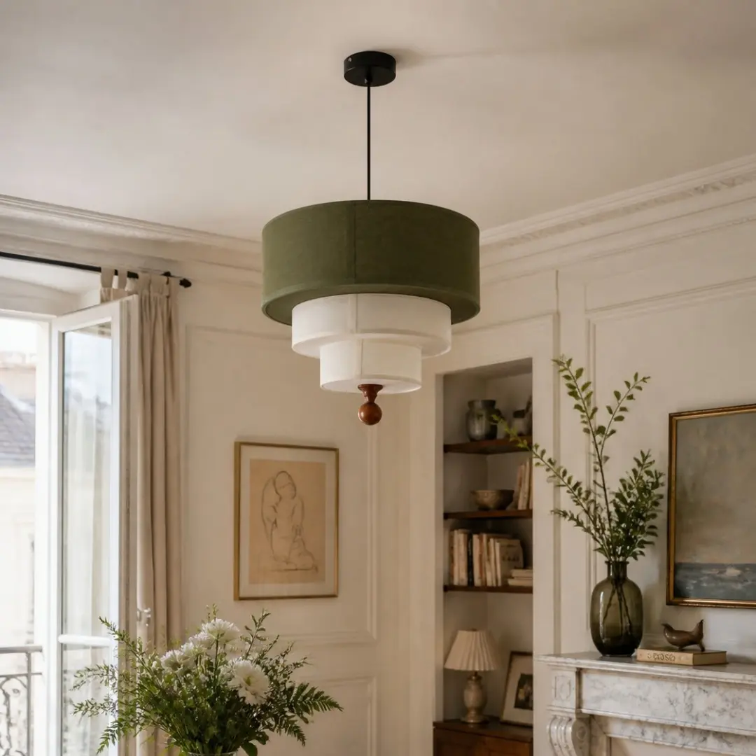 White and green fabric pendant light in a styled interior