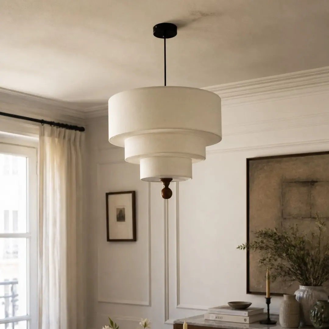 White fabric pendant light above a dining table