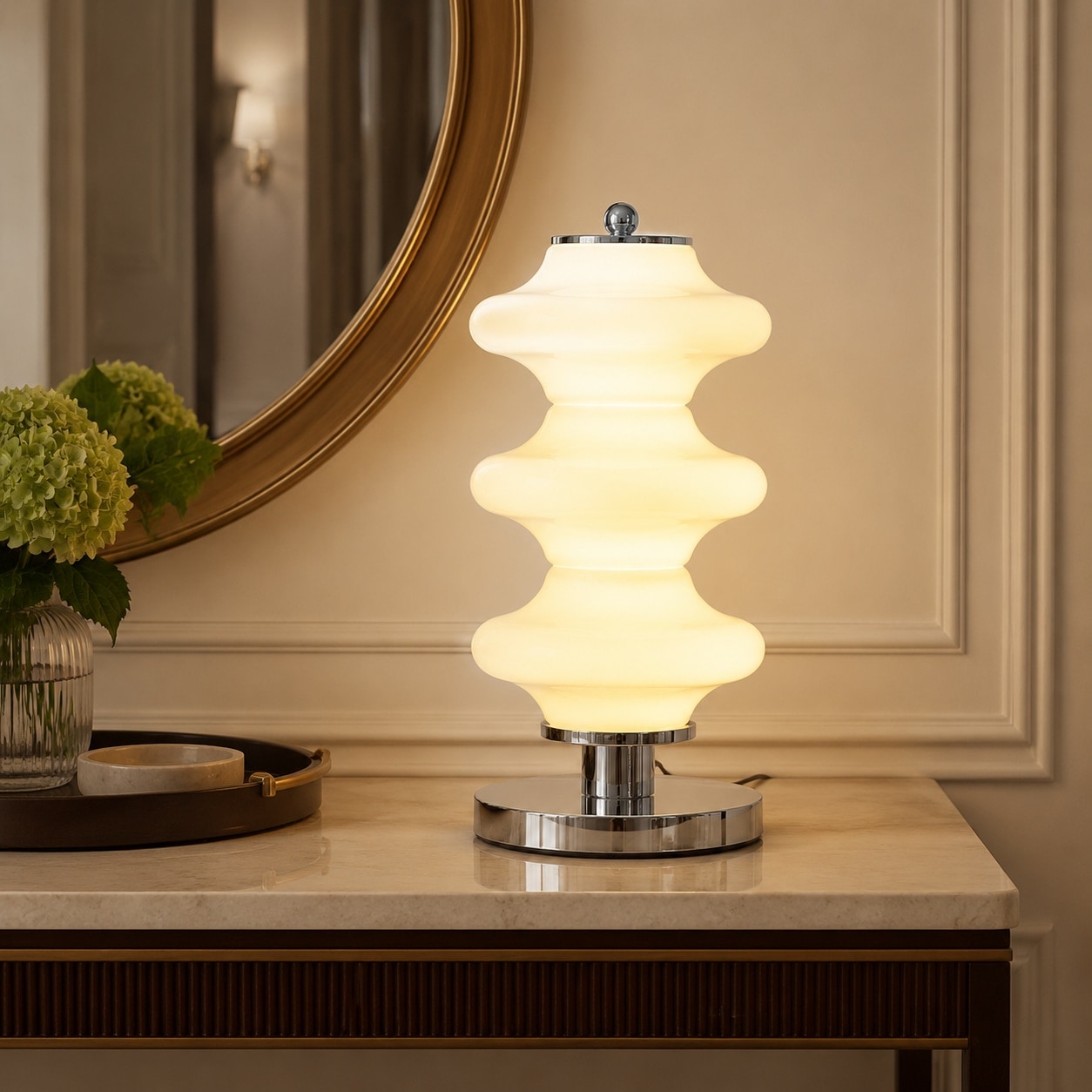 White opal glass table lamp on foyer console
