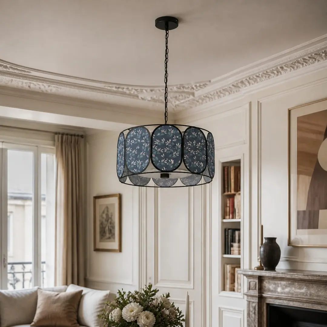 Floral fabric drum pendant light in an elegant living room