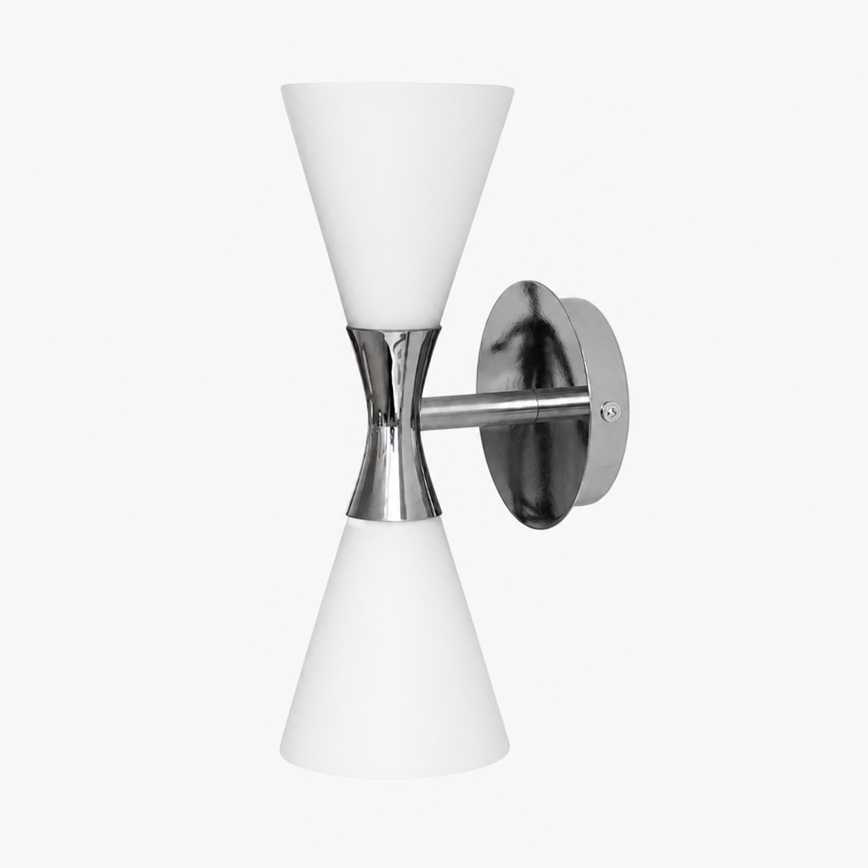 White glass wall sconce with chrome hourglass frame