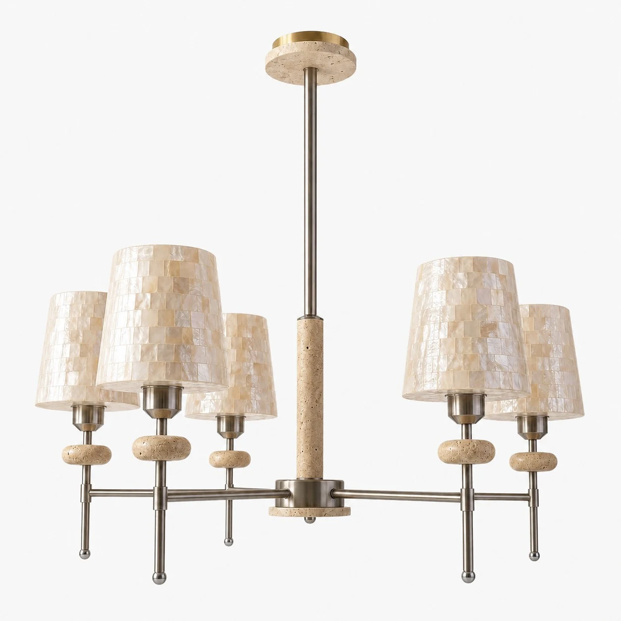 White five-light shell mosaic and travertine chandelier