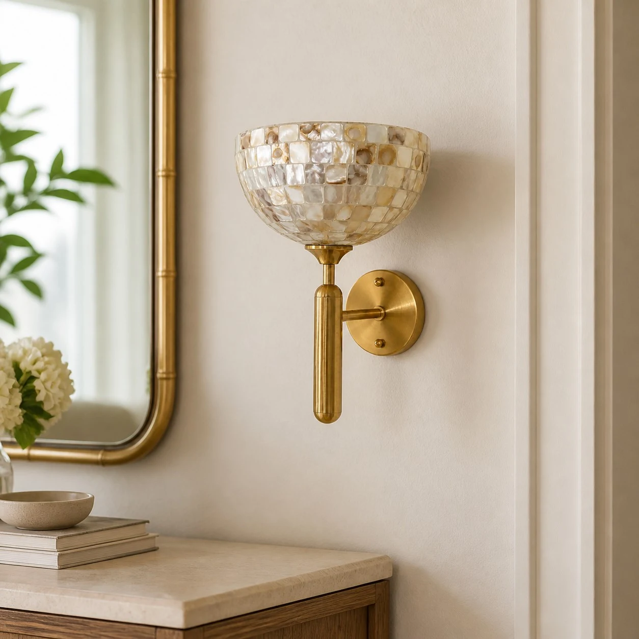 White shell mosaic brass wall sconce