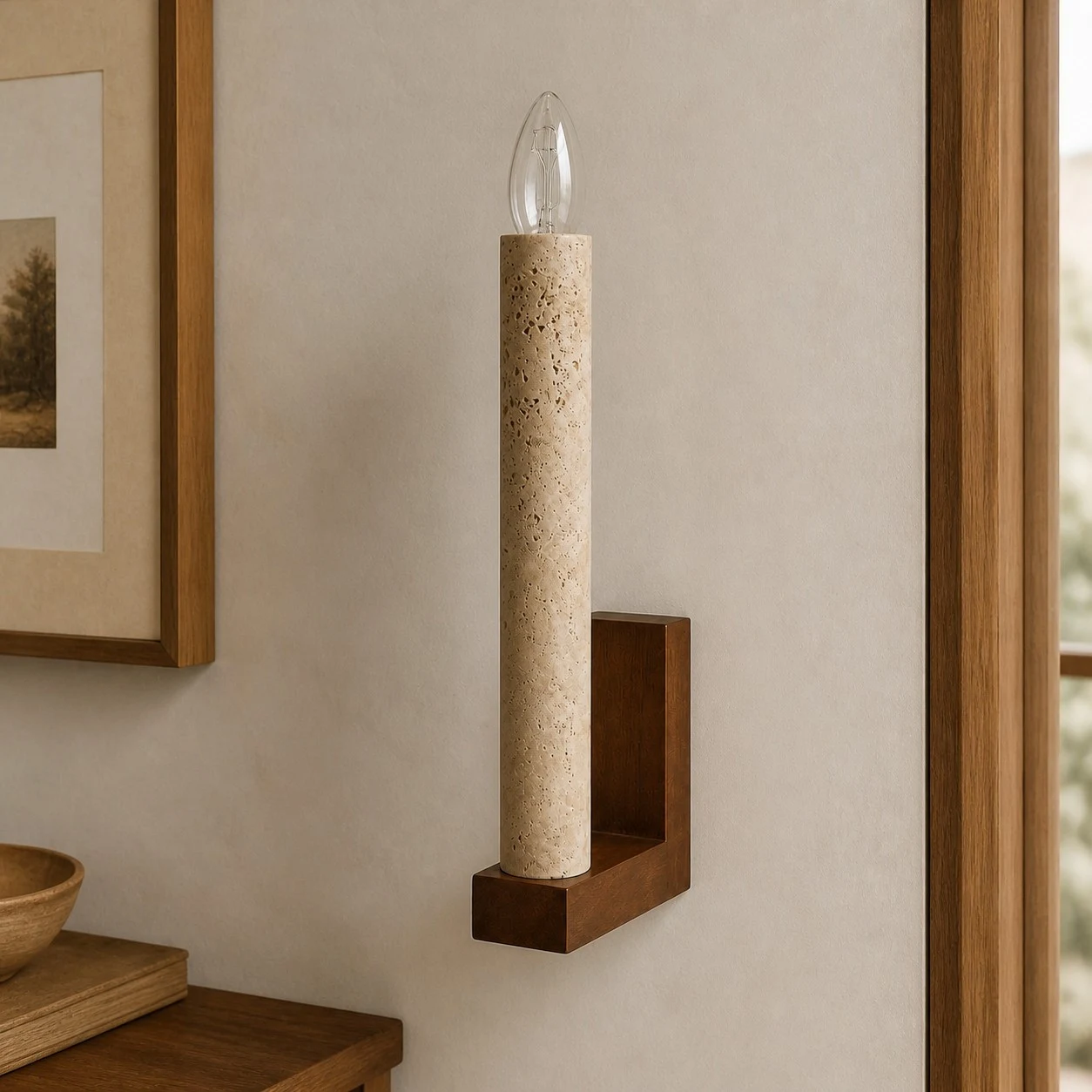 Natural travertine wall sconce beside framed art
