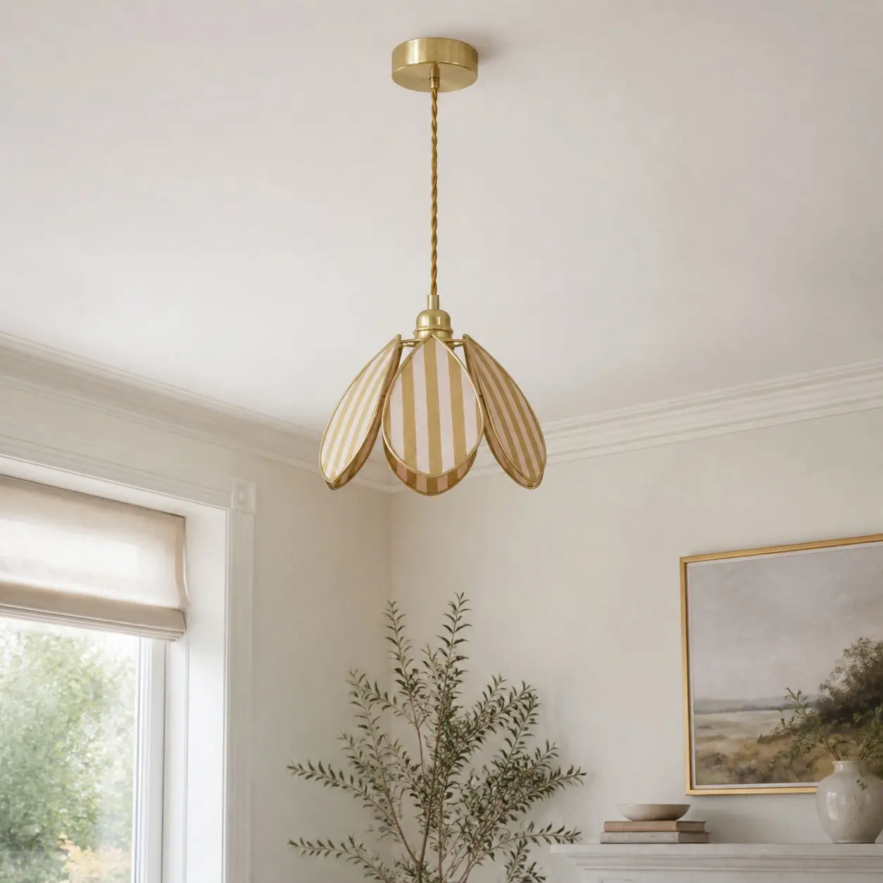 Yellow petal pendant light in a bright living room
