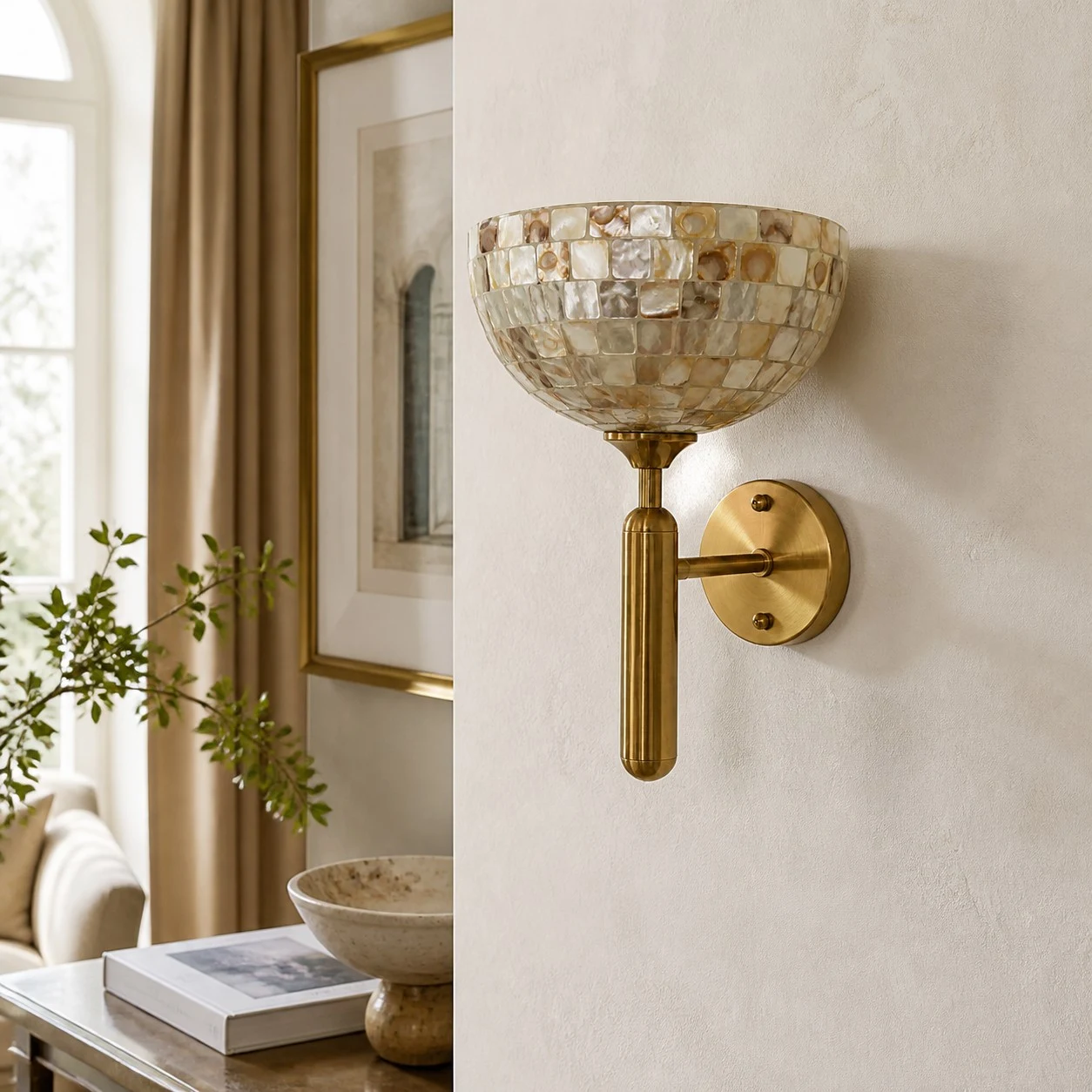 White shell mosaic brass wall sconce