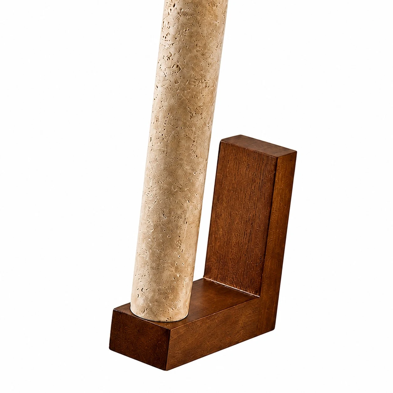 Close view of the travertine column and solid wood base