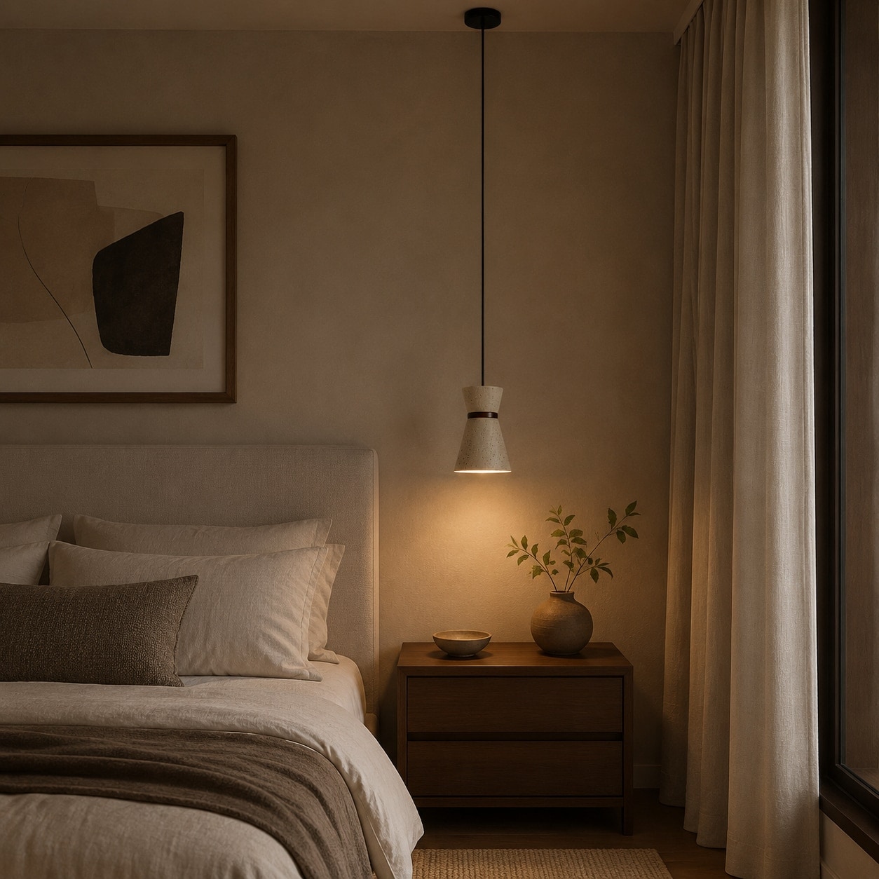 Single travertine pendant light beside a calm bedroom