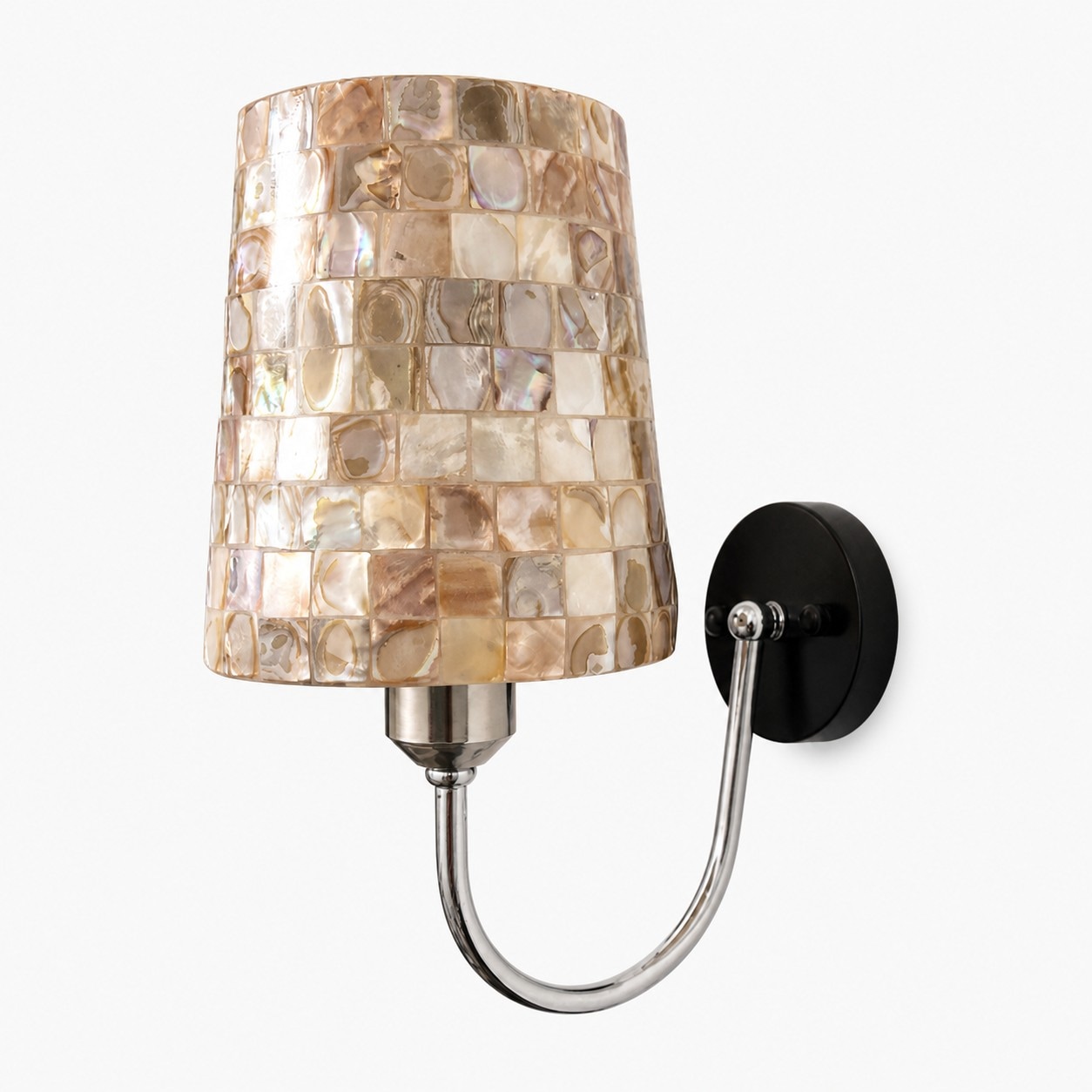 Beige capiz shell wall sconce with chrome arm and black wall plate