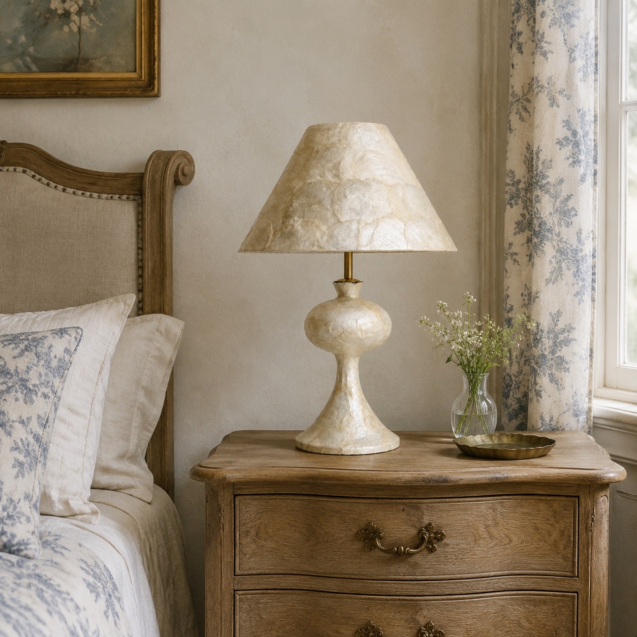 Capiz shell table lamp in a vintage bedroom setting