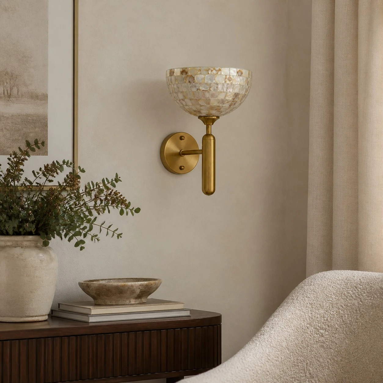 White shell mosaic brass wall sconce