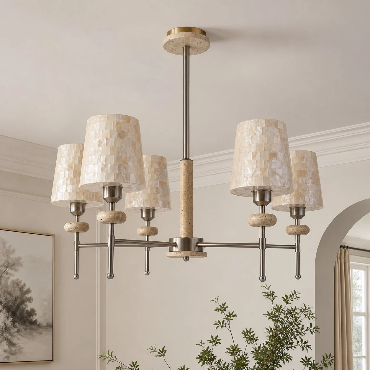 Five-light shell mosaic chandelier installed in a refined living room