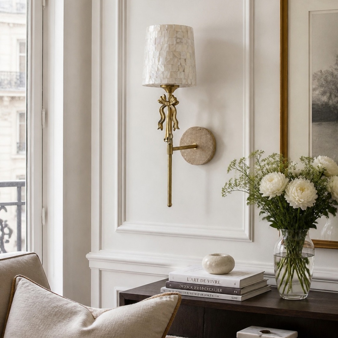 Capiz shell bow wall sconce installed in an elegant living room