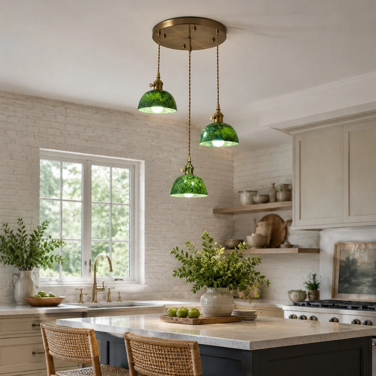 Round canopy jade pendant lights over a kitchen island