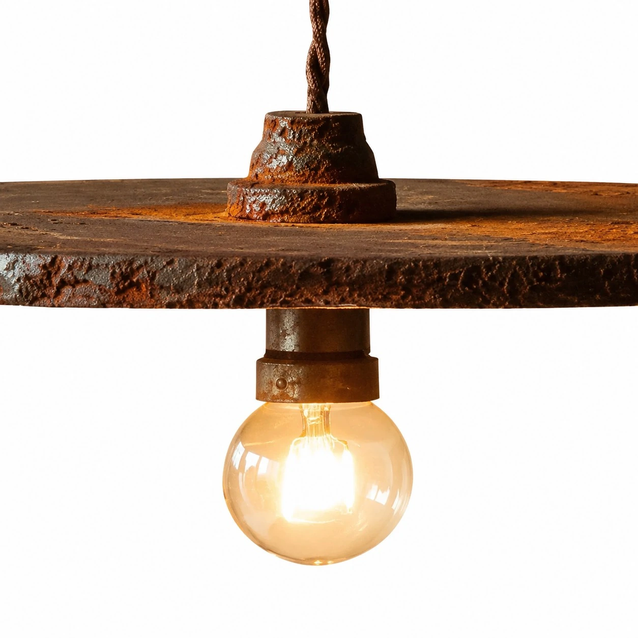 Iron pendant light canopy cord and textured surface detail