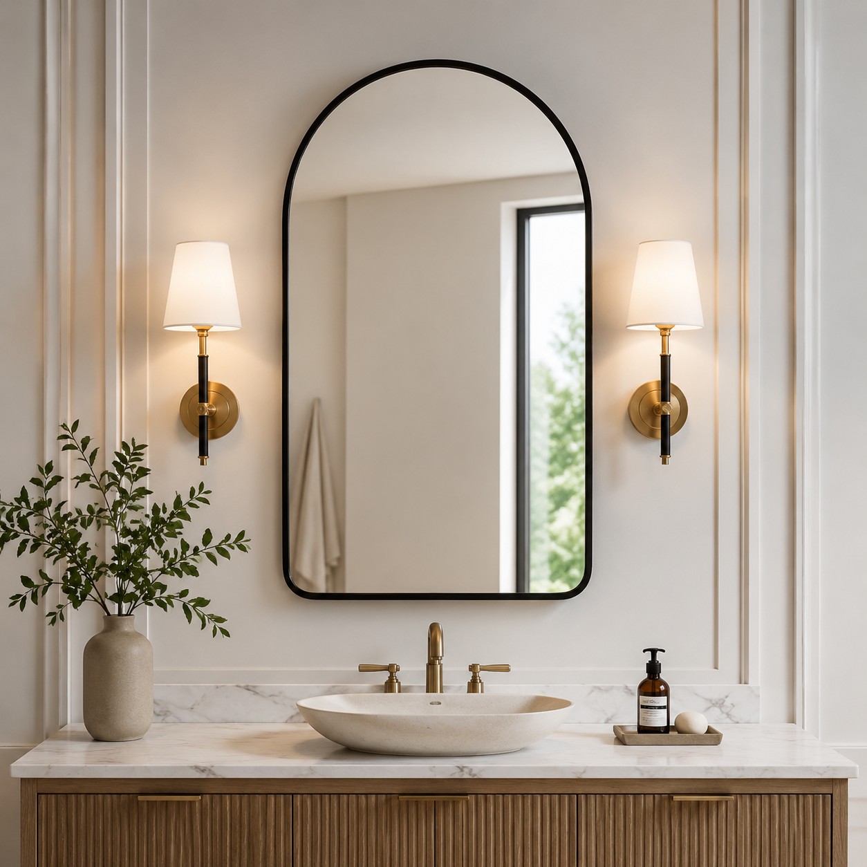 pair of natural brass wall sconces beside a vanity mirror