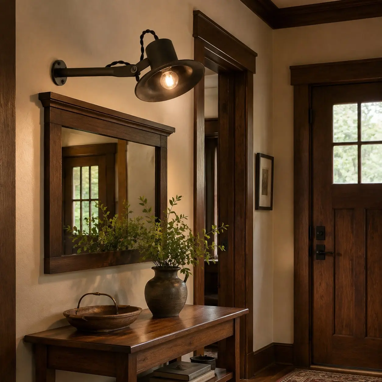 Matte black wall light in an entryway