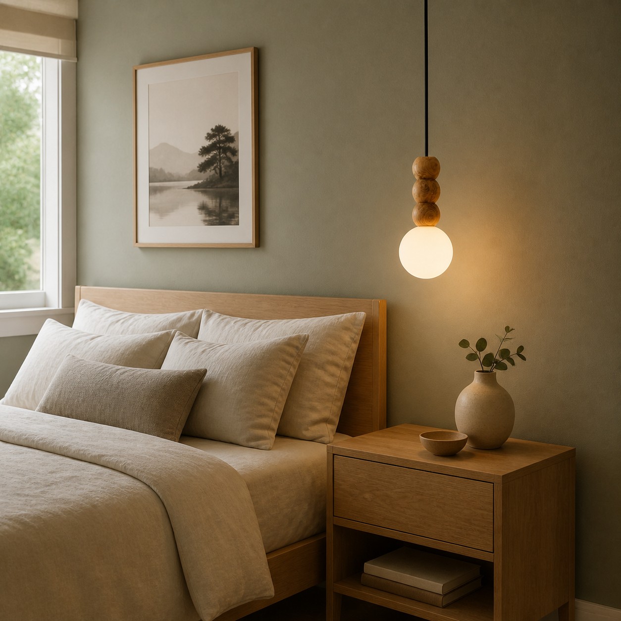 Glowing wood bead pendant beside a calm upholstered bed