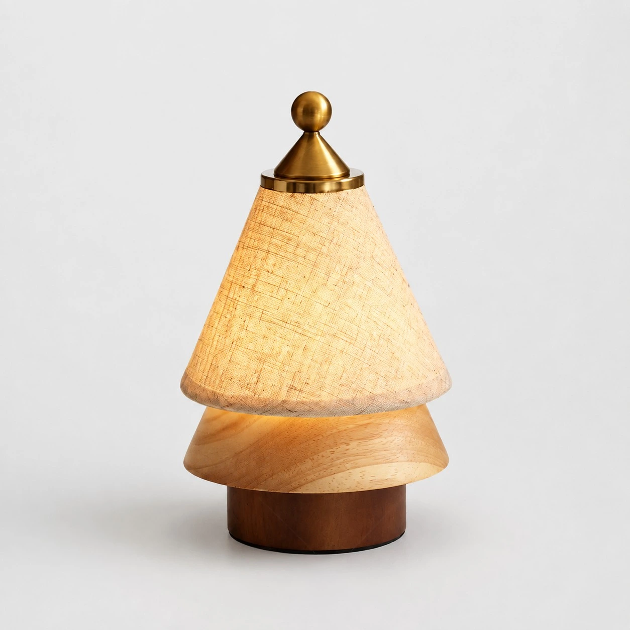 Mid-century rechargeable table lamp with fabric shade and wood base