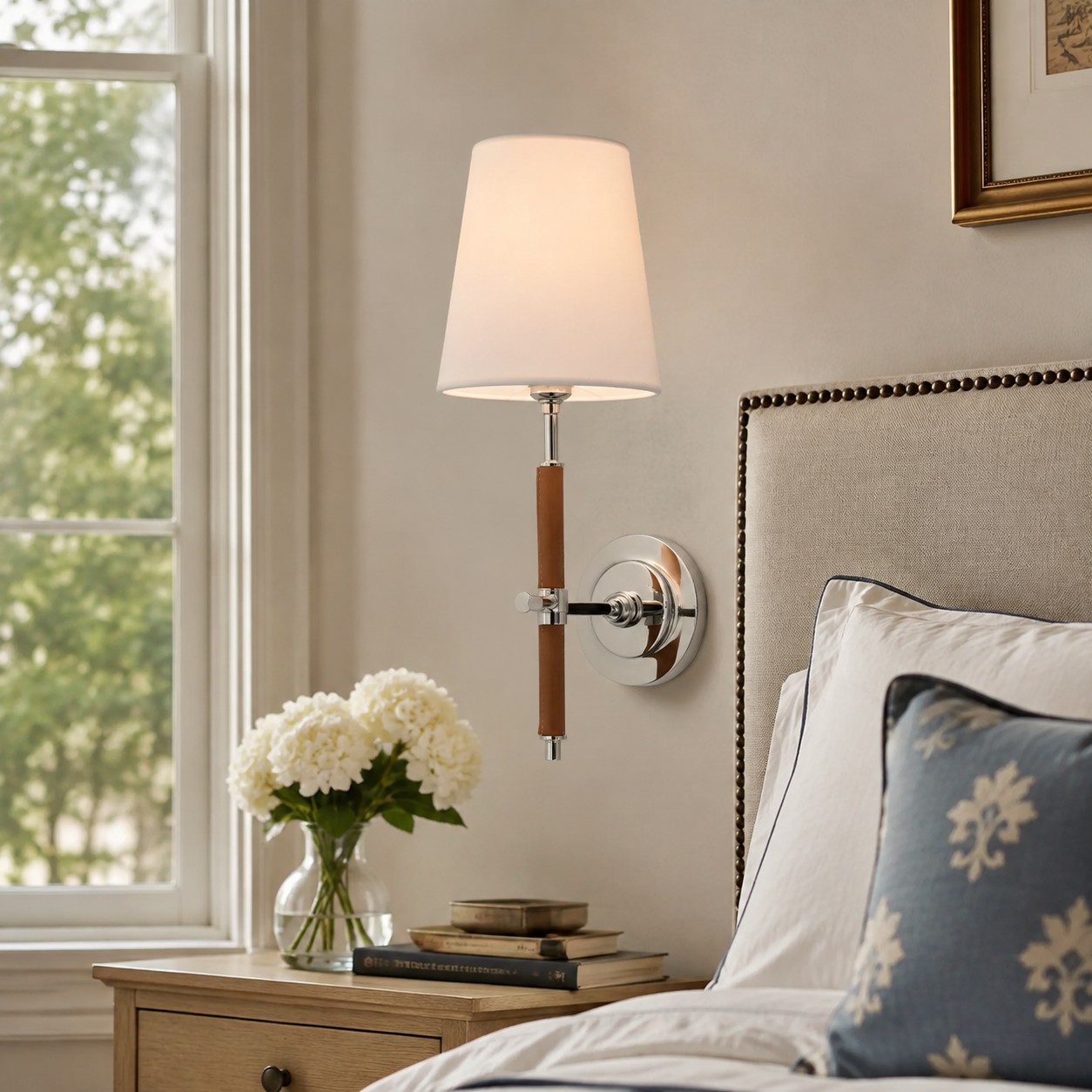 polished silver leather wall sconce beside a bed