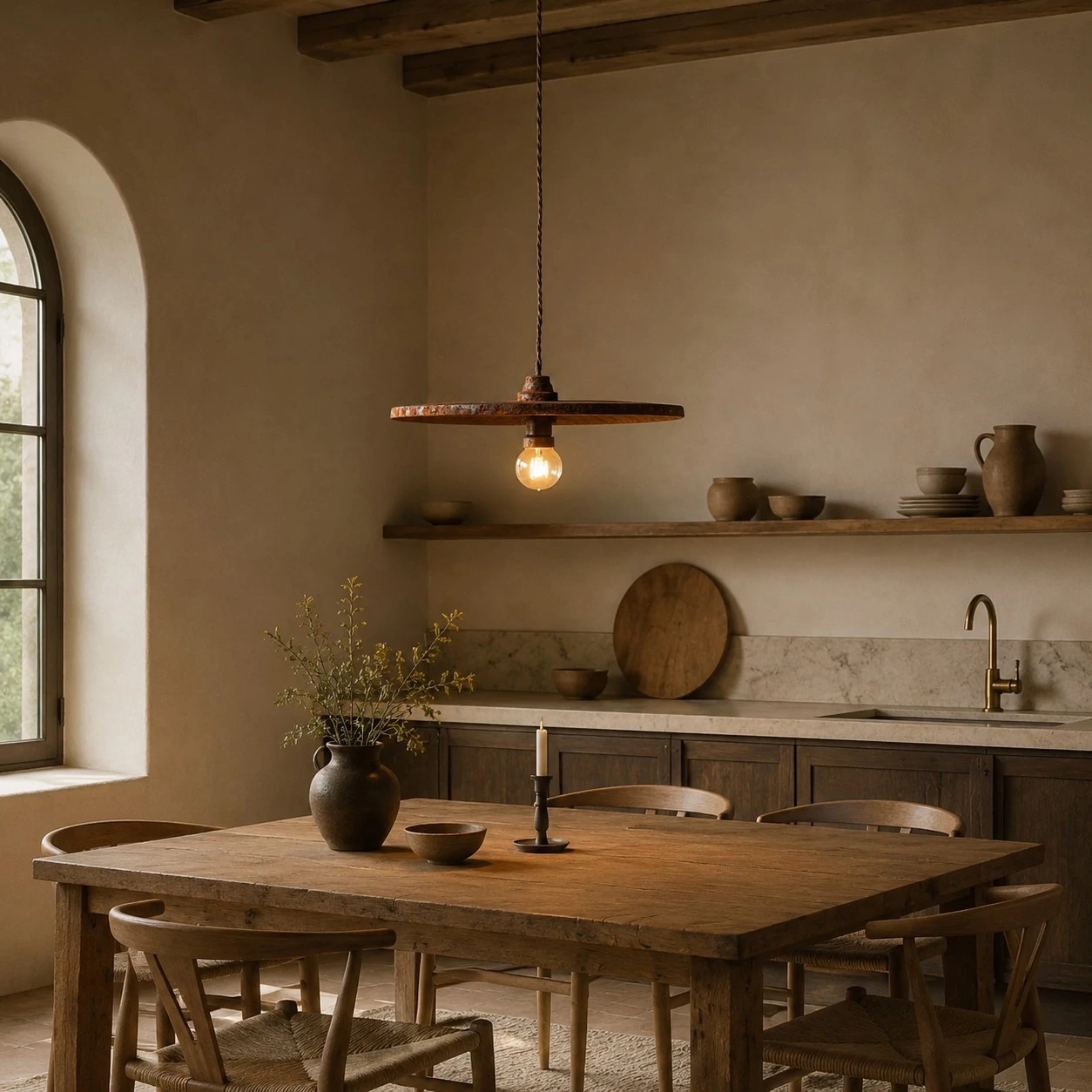 Rust brown pendant light in a rustic kitchen dining space
