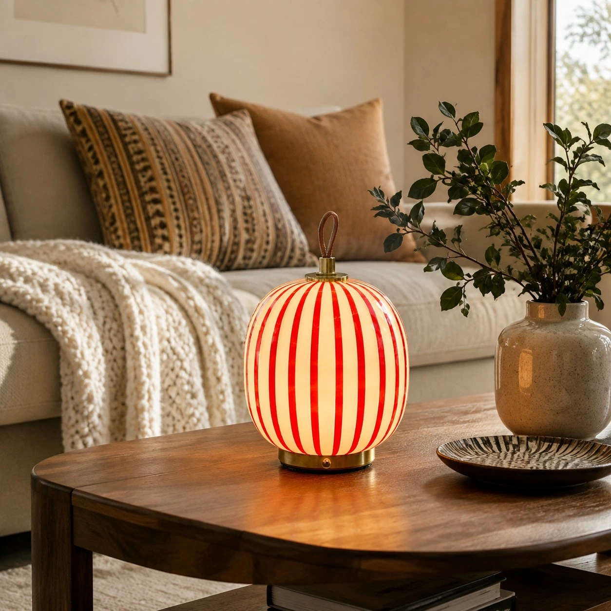 Red striped rechargeable glass lamp in a living room