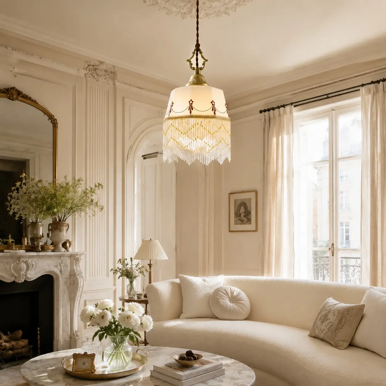 Decorative ceramic pendant light in a bright living room