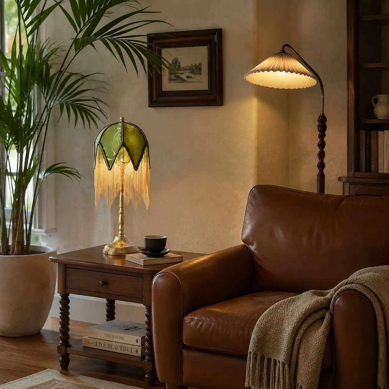 Vintage green tassel table lamp in a living room