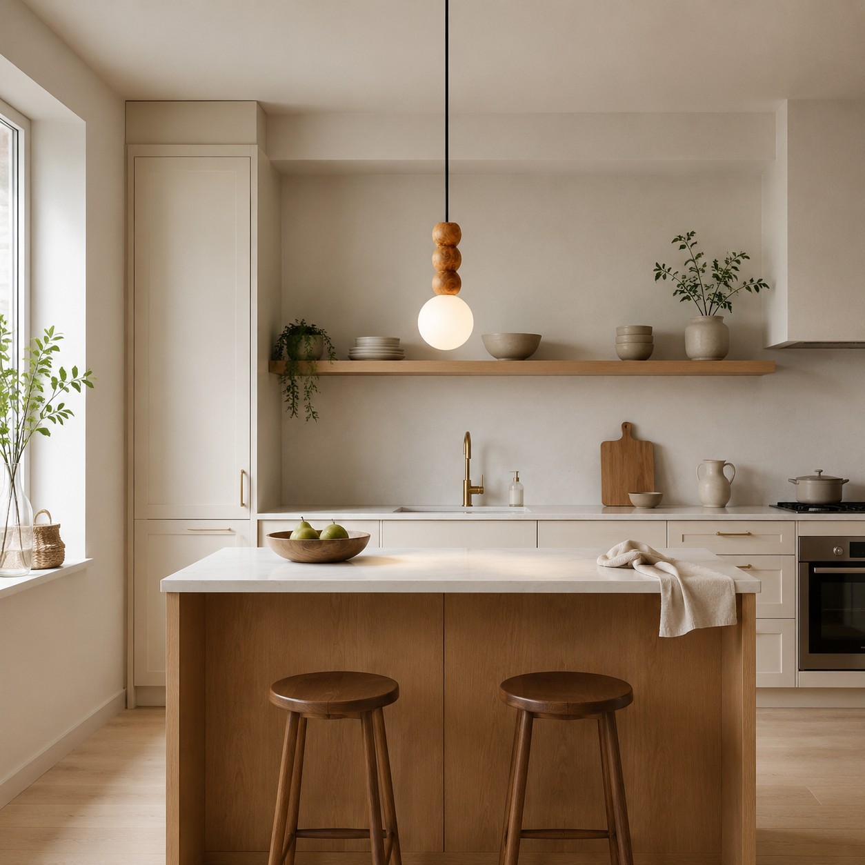 Wood bead globe pendant centered over a modern kitchen island