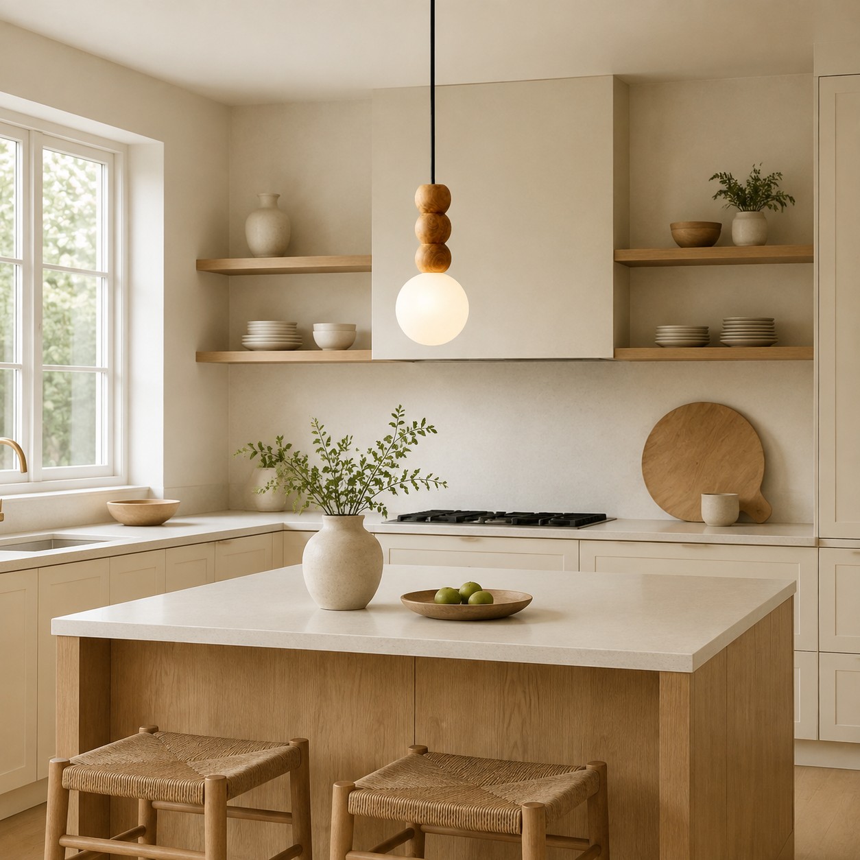 Wood bead globe pendant in a light wood and cream kitchen
