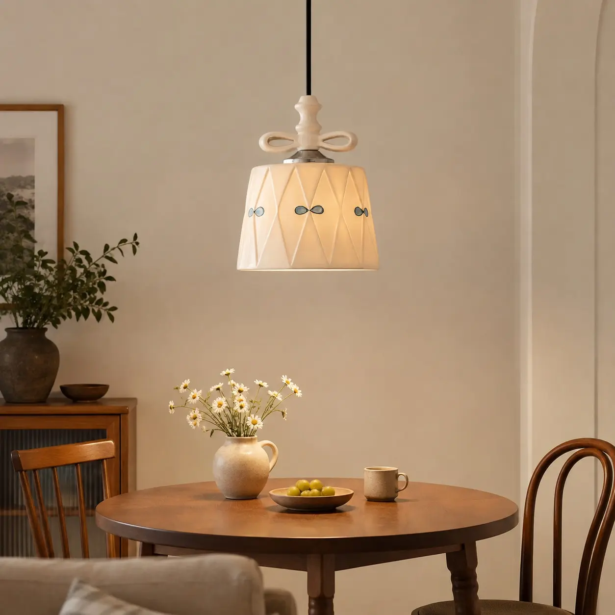 Hand-painted ceramic pendant light in a warm dining room