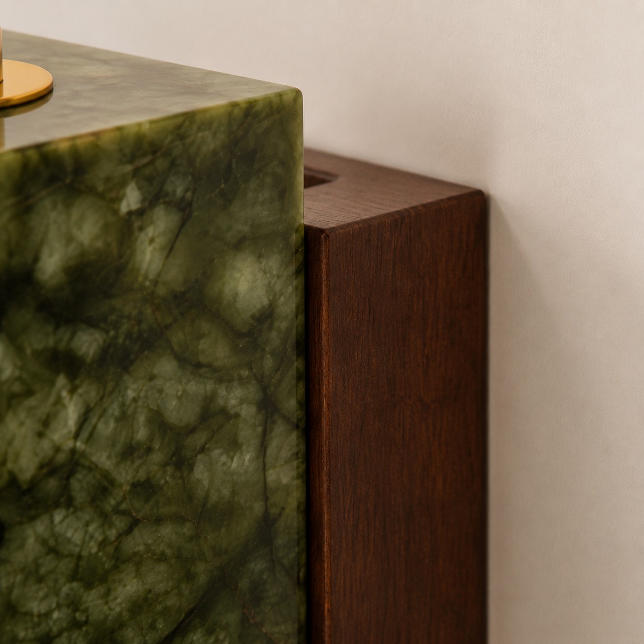 Close-up of jade shade and dark wood mounting plate