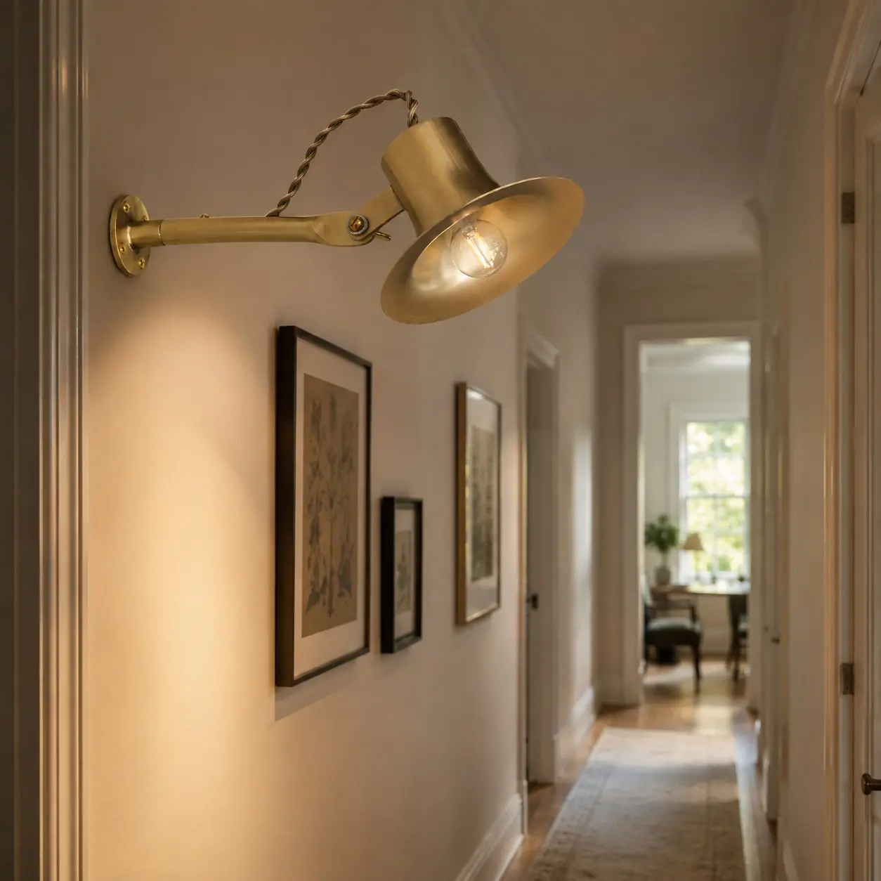 Matte brass wall light in a hallway