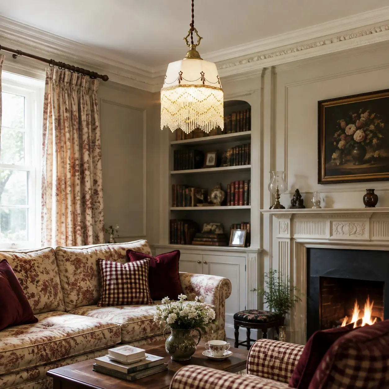 Ceramic tassel pendant light in a vintage living room