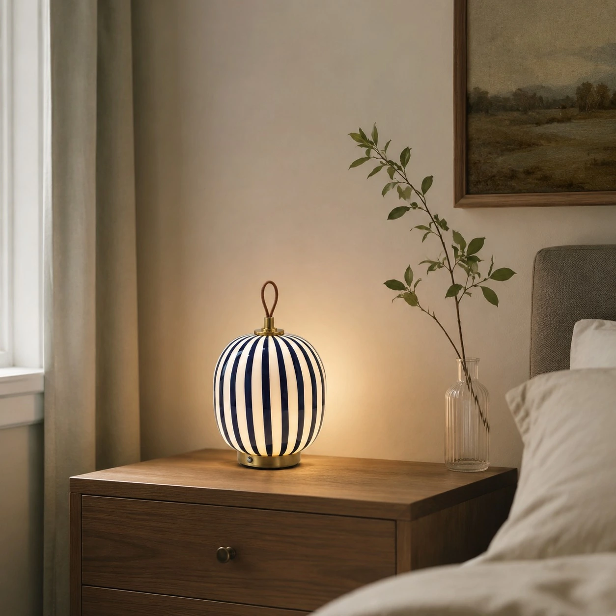 Blue striped rechargeable glass lamp on a bedside table