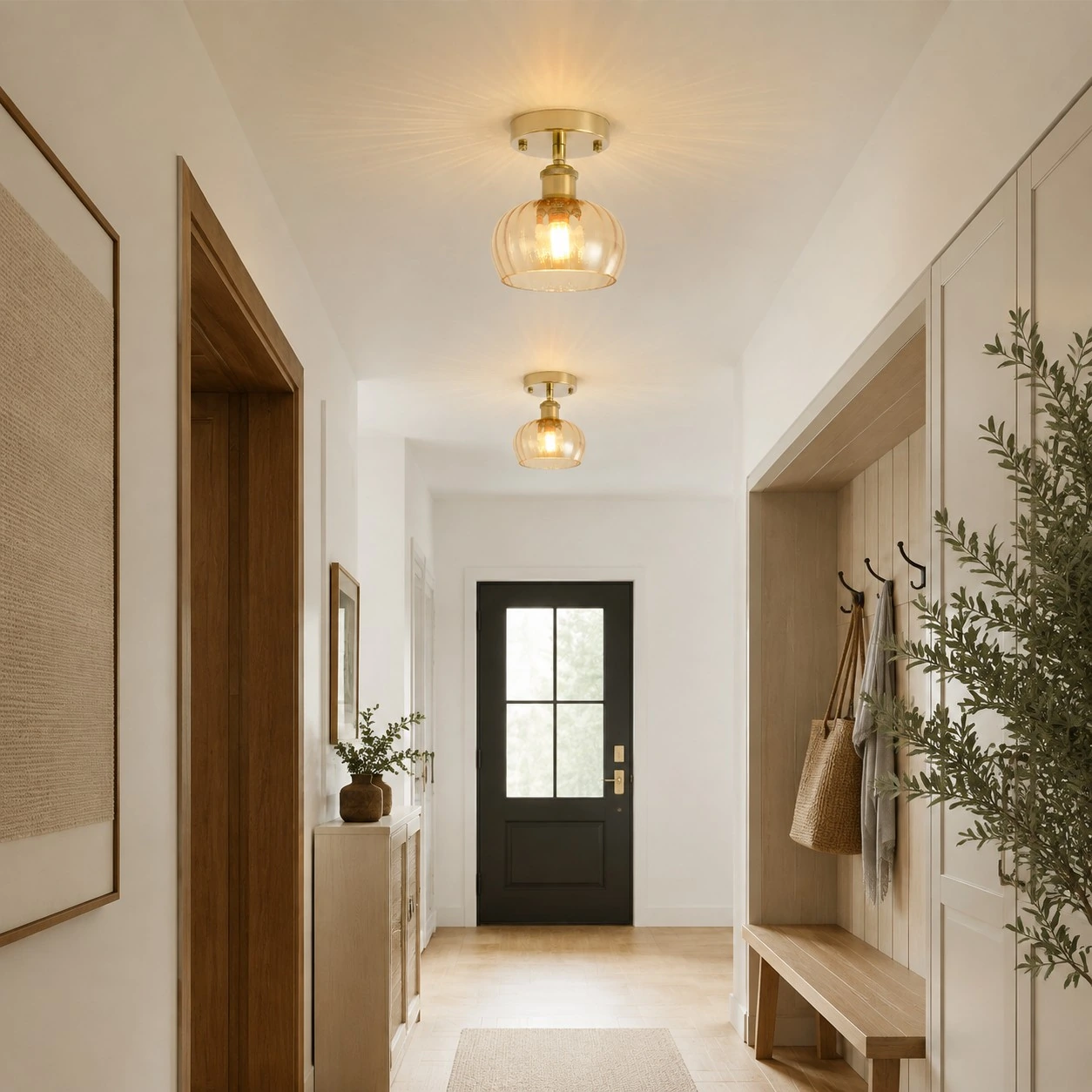 Glass ceiling lights along a hallway