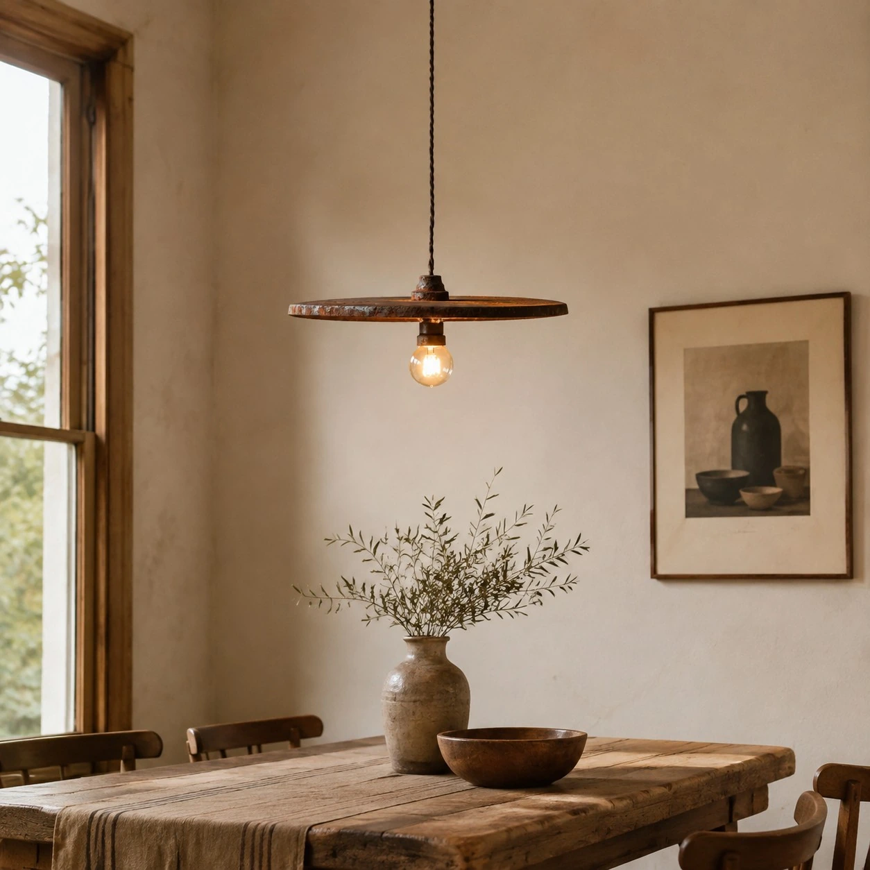 Rust brown pendant light over a wooden dining table