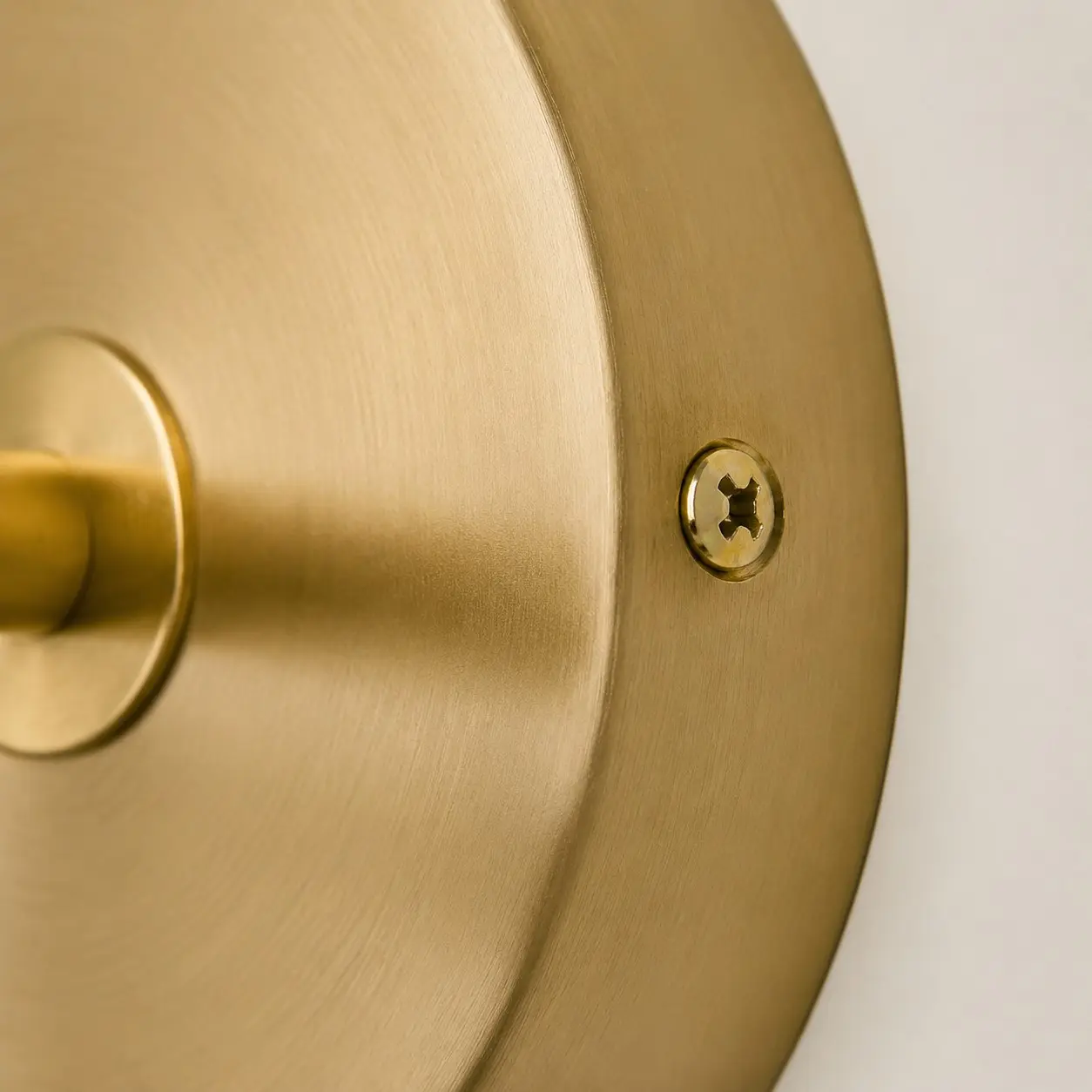 Close view of the brushed brass-tone round backplate