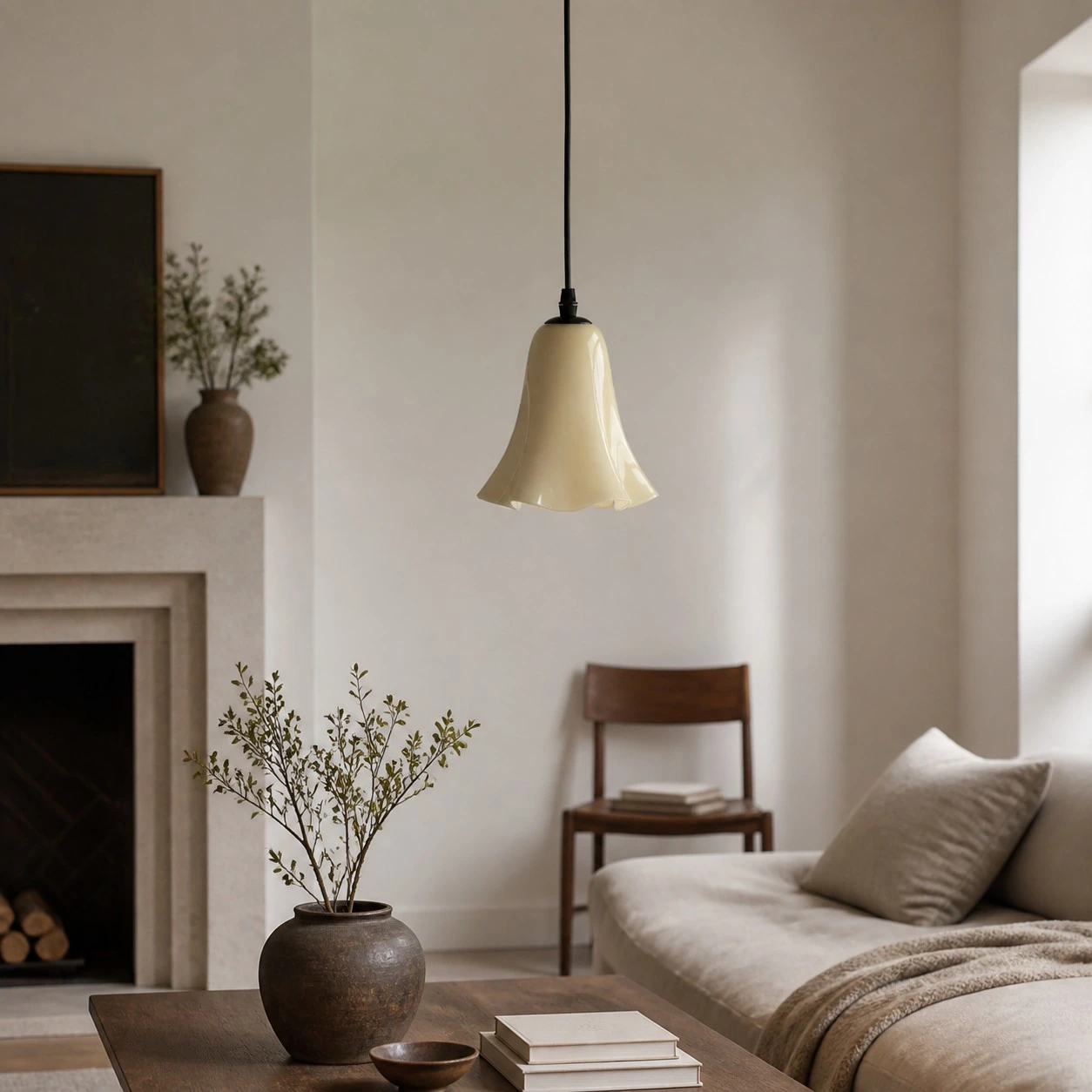 Cream yellow glass pendant light in a living room