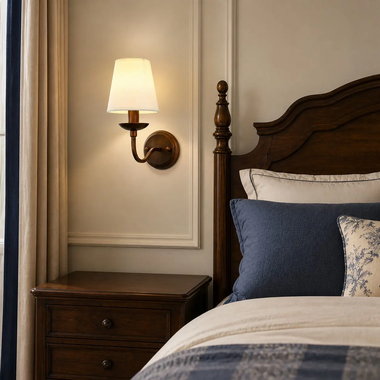Classic bedroom styled with an antique bronze wall sconce