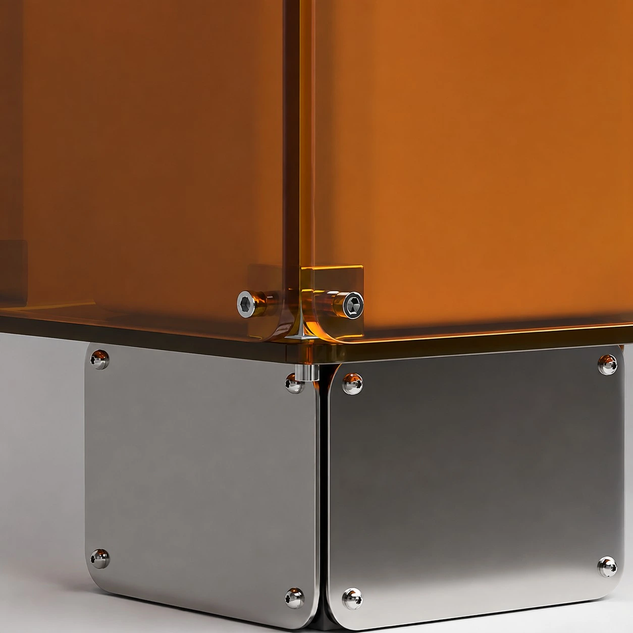 Close view of the translucent acrylic corner and metal fasteners