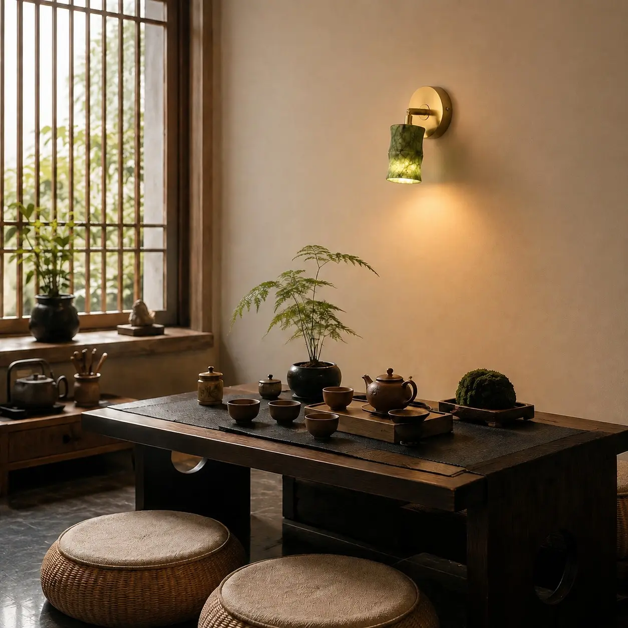 Green jade wall sconce illuminating a warm dining space