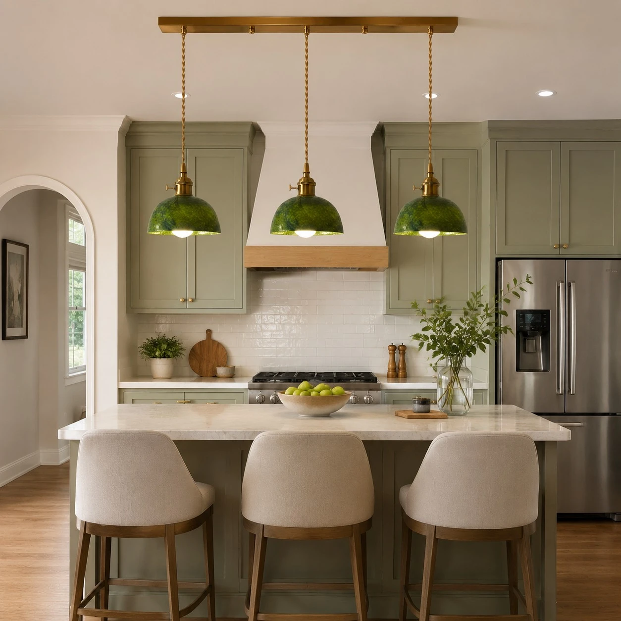 Linear canopy jade pendant lights over a kitchen island