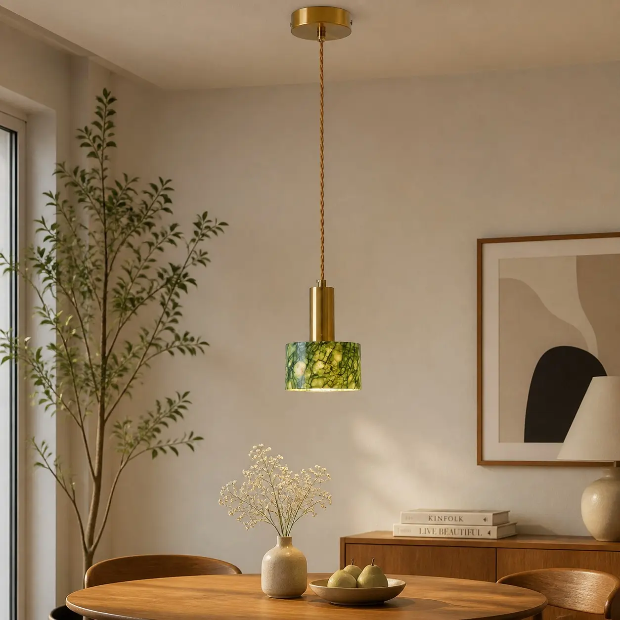 Regular jade pendant above a dining table